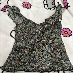 Dana Buchman Black Multi Floral Ruffled One-Shoulder Camisole